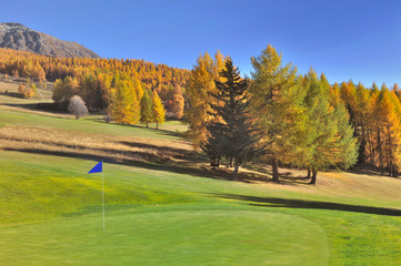 golf course in a beautiful yellow trees in  mountain landscape in autumn
