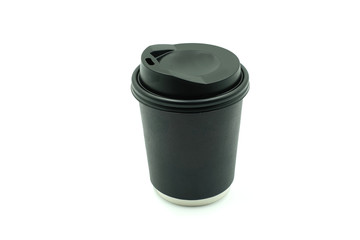 Black paper coffee cup with lid on white background