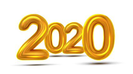 2020 Christmas Greeting Card Concept Banner Vector. Glint Gold Color Air Blown Two Thousand Twenty 2020 On White Background. Bill Poster Realistic 3d Illustration
