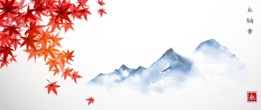 Red japanese maple leaves and far blue mountains. Traditional Japanese ink wash painting sumi-e. Hiieroglyphs - eternity, freedom, happiness