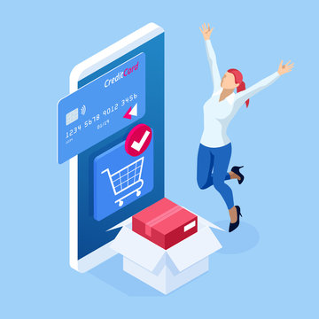 Isometric Delivery App isometric website template. Online shopping banner, fast delivery service. Woman using credit card and blank smartphone online shopping in internet