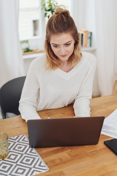 Young woman working at a laptop at an office table
