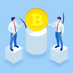 Isometric cryptocurrency business people miner and coins concept. Bitcoin cryptocurrency mining farm. Cryptocurrency editable banner template.