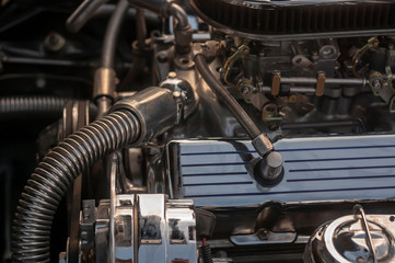 Engine of a Luxury American Car Close-Up.