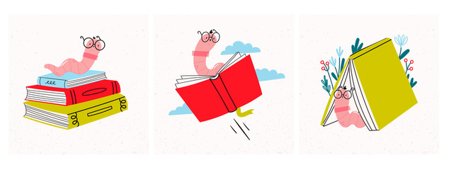 Read more books. Set of various books and stack of books with book worm in glasses. Hand drawn educational vector illustrations. Flat design. Cartoon style