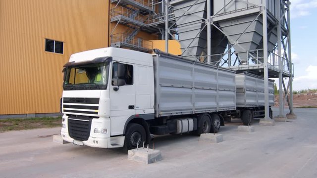 Loaded truck live bulk load silo after loading wheat.