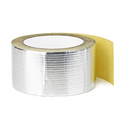 Roll of reinforced foil adhesive tape on a white background