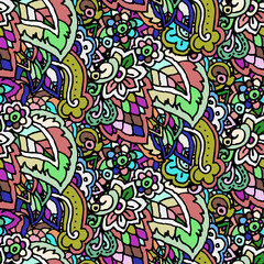 Vector hand drawn line seamless illustration of abstract colored flower and leaves