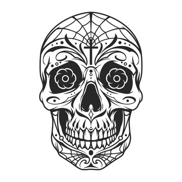 Vintage mexican sugar skull monochrome template