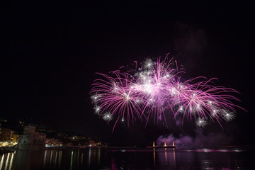 RAPALLO, ITALY JULY, 3, 2019 - Fireworks in Rapallo, Genoa province, Ligurian riviera, Italy.