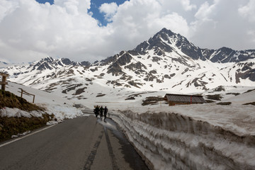 View from the Gavia pass, an alpine pass of the Southern Rhaetian Alps, marking the administrative border between the provinces of Sondrio and Brescia, Italy.