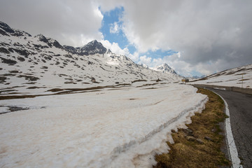 View from the Gavia pass, an alpine pass of the Southern Rhaetian Alps, marking the administrative border between the provinces of Sondrio and Brescia, Italy.