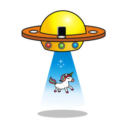 UFO takes unicorn. Aliens kidnap unicorn. Vector Image