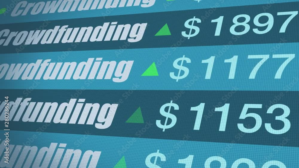 Poster computer screen with crowdfunding text and increasing dollars (3d render)
