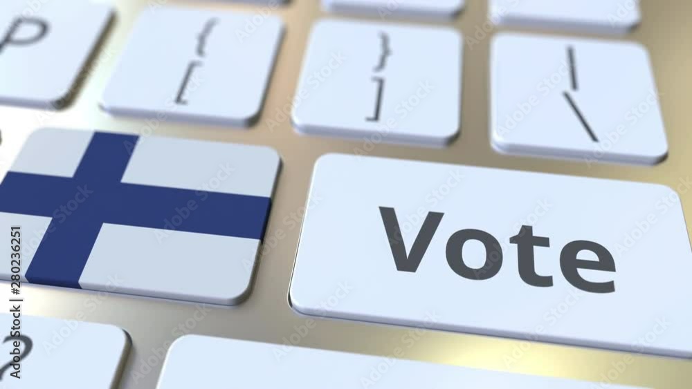 Poster vote text and flag of finland on the buttons on the computer keyboard. election related conceptual 3