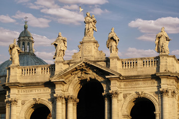 Basilica of Santa Maria Maggiore in Rome, Italy. Statues on the facade of a Catholic Church.
