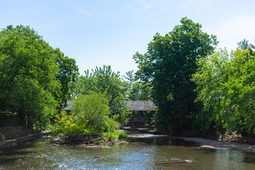 Covered Bridge with Trees along the Naperville Riverwalk over the DuPage River