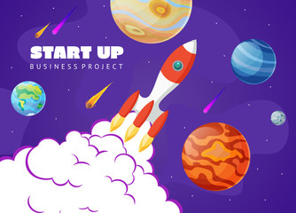Start up concept space background with rocket and planets. Web design. Space exploring vector illustration.