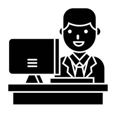 Businessman with desk and screen vector, solid style icon