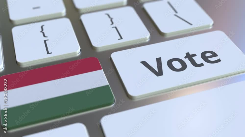 Poster vote text and flag of hungary on the buttons on the computer keyboard. election related conceptual 3