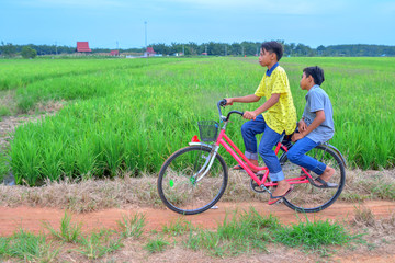 Fototapeta na wymiar happy young local boy riding old bicycle at paddy field