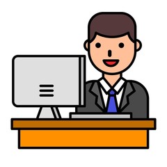 Businessman with desk and screen vector, filled style editable outline icon