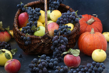 Autumn still life with apples, grapes and pumpkin located on a dark background, Autumn harvest, Apples and grapes in basket, horizontal photo