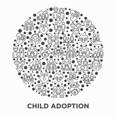 Child adoption concept in circle with thin line icons: adoptive parents, helping hand, orphan, home care, LGBT couple with child, custody, cargivers, happy kid. Modern vector illustration.