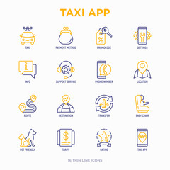 Taxi app thin line icons set: payment method, promocode, app settings, info, support service, phone number, location, pointer, route, destination, airport transfer, baby seat. Vector illustration.