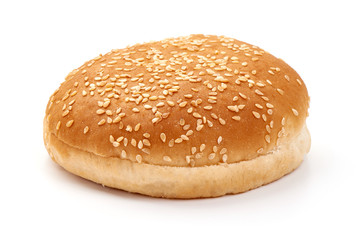 Burger buns with sesame seeds, ingredients for hamburger, isolated on white background