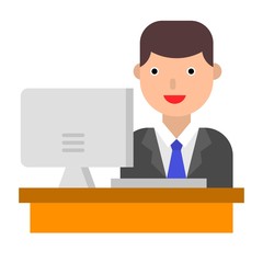 Businessman with desk and screen vector, flat style icon