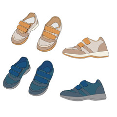 vector set of children's sneakers blue and cream color top and side view