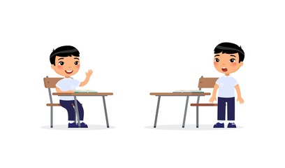 Pupils at lesson flat vector illustrations set. Asian school boy raising hand in classroom for answer, cartoon characters. Elementary school education process