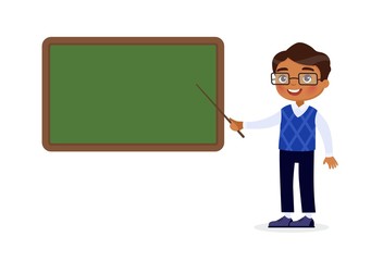 Indian male teacher standing near blackboard flat vector illustration. Smiling tutor pointing at blank chalkboard in classroom cartoon character. Educational process. School lesson