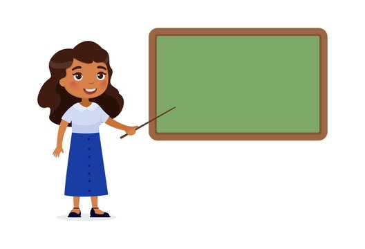 Indian female teacher standing near blackboard flat vector illustration. Smiling tutor pointing at blank chalkboard in classroom cartoon character. Educational process. School lesson, tutor explaining