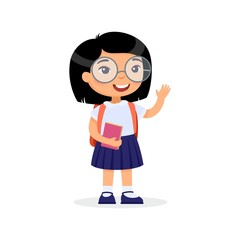 Asian school girl, happy teenager flat vector illustration. Girl with book and backpack isolated cartoon character. Elementary school pupil going to lesson. Cheerful young schoolboy. Back to school