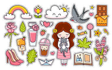 Set of kawaii summer stickers for girls. Lavender, perfume, rose, ice cream and coffee, rainbow, chocolate, swallow, pink shoes and book. Collection of vector illustration.