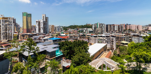 View on Skyline of Macau inside nature, view from Mount Fortress, Fortaleza do Monte. Santo António, Macao, China. Asia.