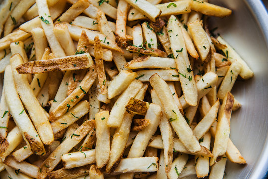 Close up of French fries served on plate