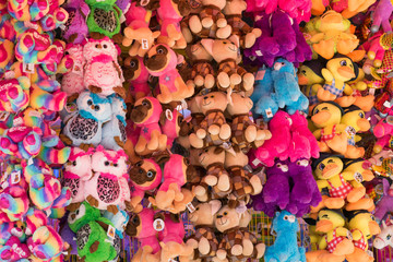 Fototapeta na wymiar colorful plush toy animals at the fun market, fair in Netherlands