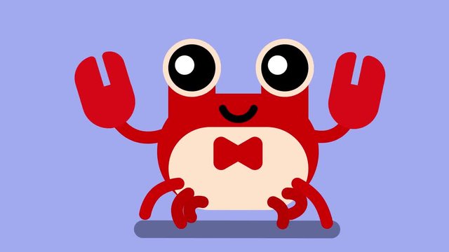 100 baby animals. Walk cycle of a cute baby red crab with bow tie. 2D animation made in 4K, loopable clip with alpha channel. Isolated