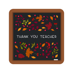 Thank you teacher flat vector decorative frame. Autumn herbarium. Seasonal leaves and berries. Maple, red guelder, oak tree foliage, flowers. School holiday postcard, banner design element