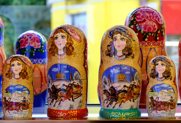 Colorful Russian dolls Matreshka. Wooden doll Matryoshka view