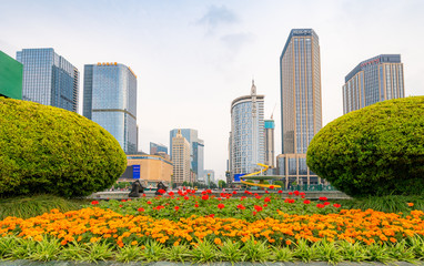 Tianfu Square in the flowers, Chengdu, Sichuan Province, China