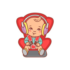 Baby sitting on car seat. Kid with headphones.