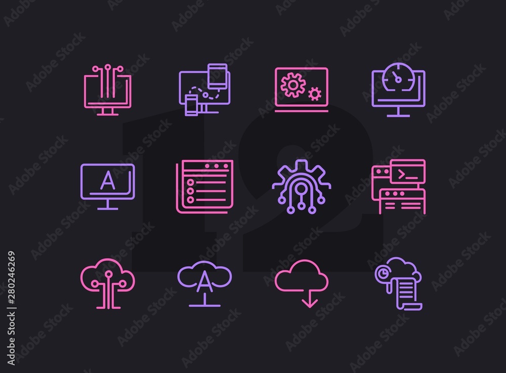 Poster computing line icon set. cloud print, monitor, coding. information technology concept. can be used f