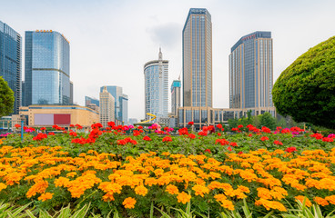 Tianfu Square in the flowers, Chengdu, Sichuan Province, China