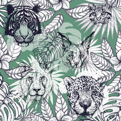Fototapeta premium Seamless pattern of hand drawn sketch style isolated wild animals and tropical plants. Vector illustration.