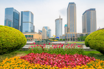 Tianfu Square in the flowers, Chengdu, Sichuan Province, China
