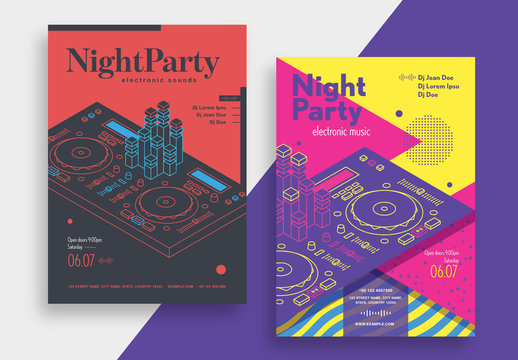 Night Party Flyer Layout with Turntable Illustration
